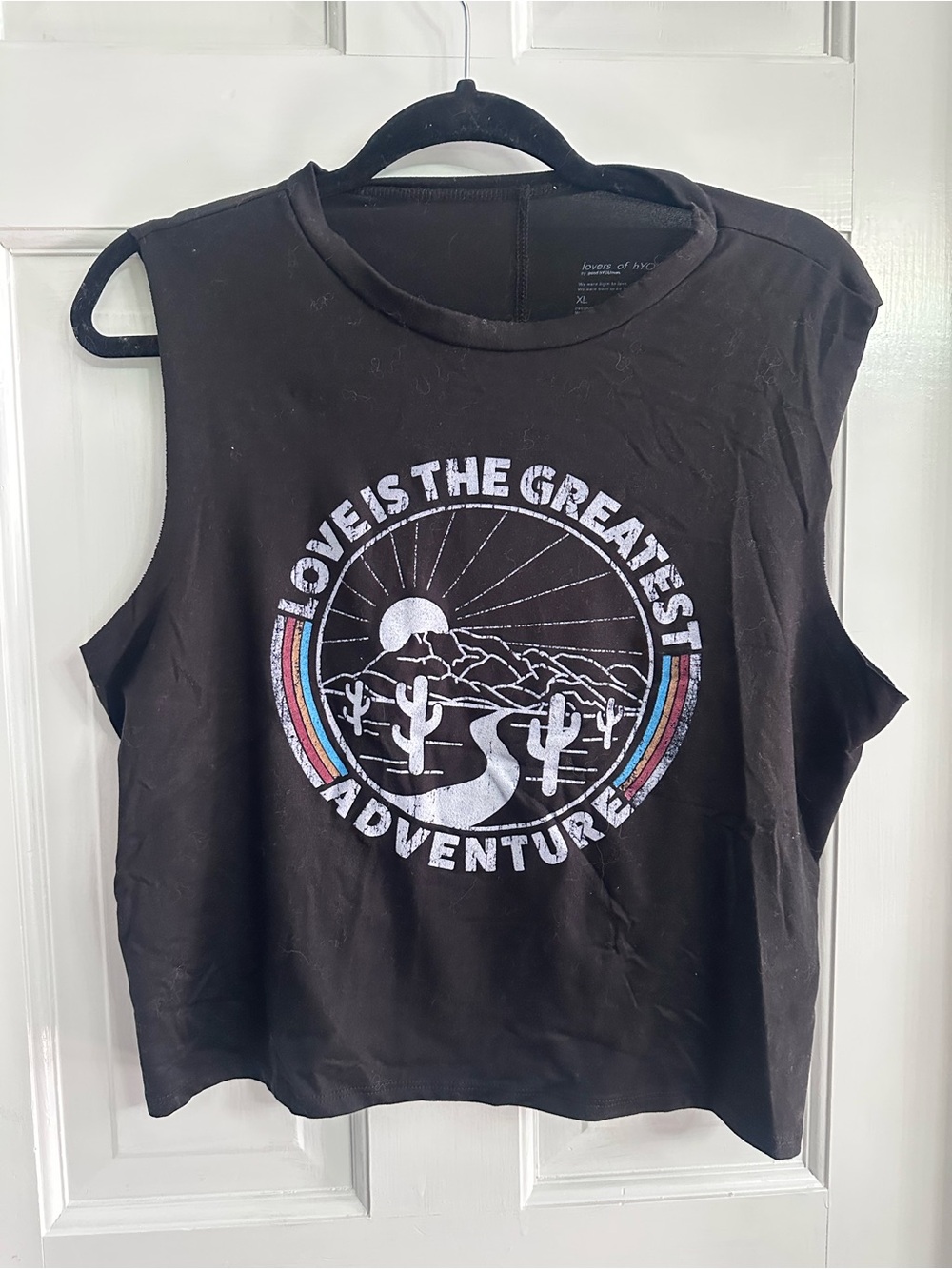 Love Is The Greatest Adventure Black Graphic Muscle Tank crop